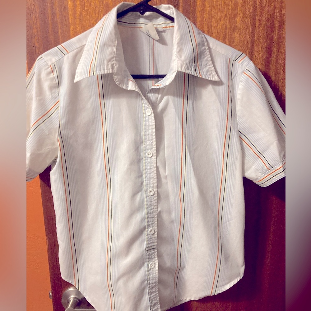 Freshjive women’s large retro button up short sleeve shirt, white with stripes